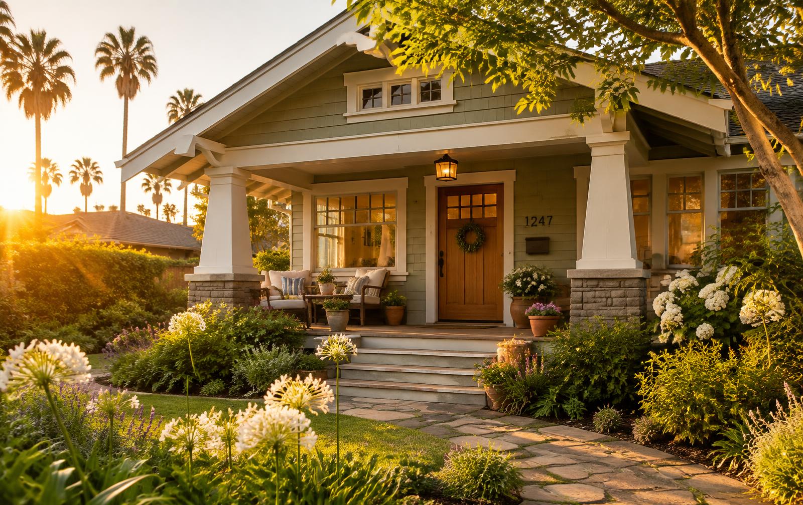 Welcoming craftsman home at sunset
